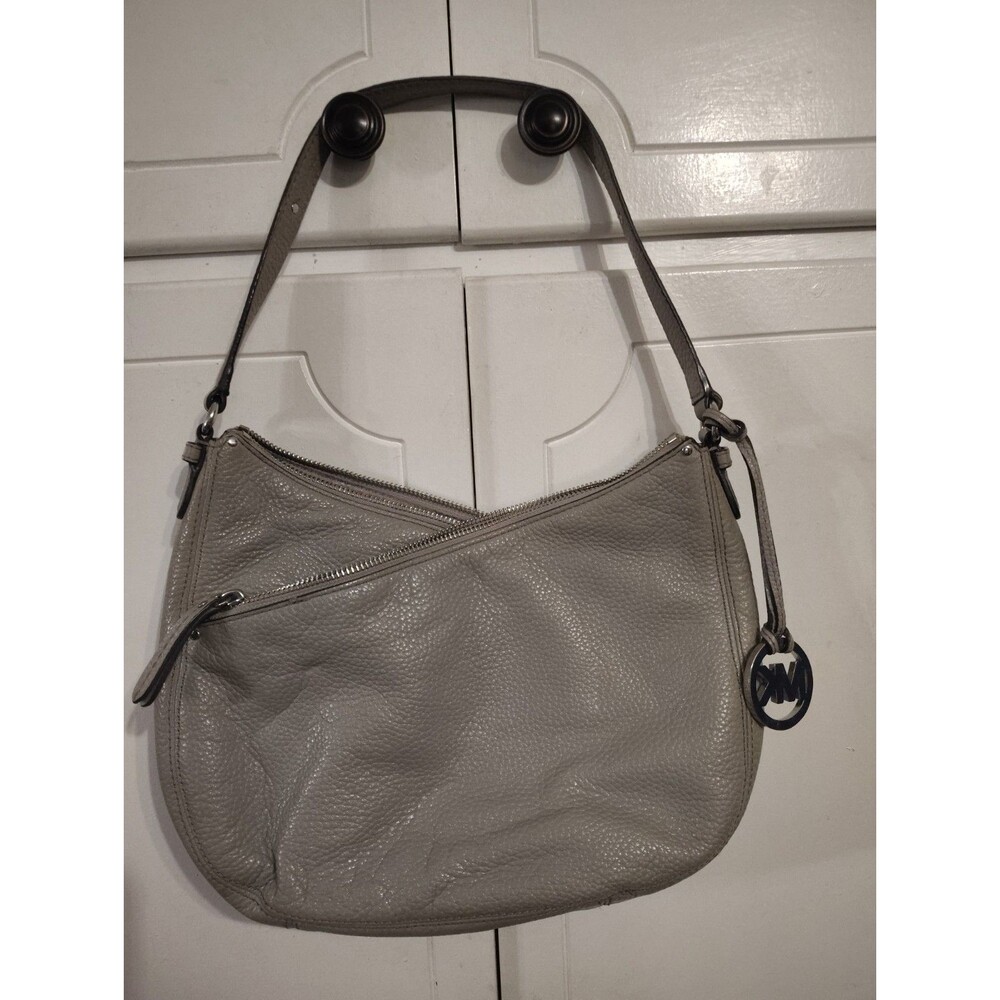 Michael Kors Pebbled Leather Hobo Bag Silver-Toned Hardware Logo Charm Gray